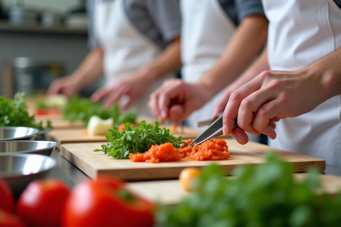 Participants à un atelier de cuisine apprenant à préparer un plat français